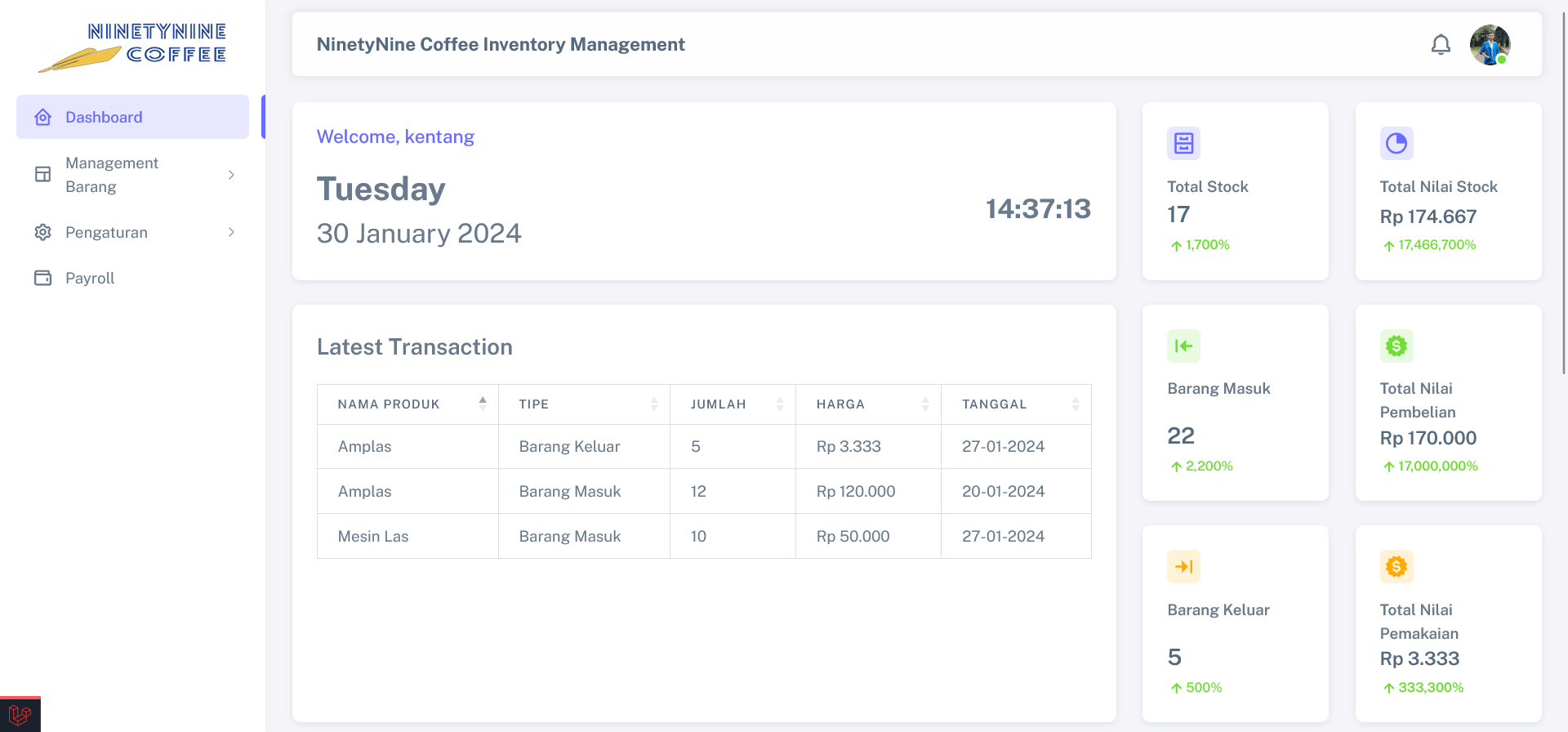 NinetyNine Coffee inventory system screenshot
