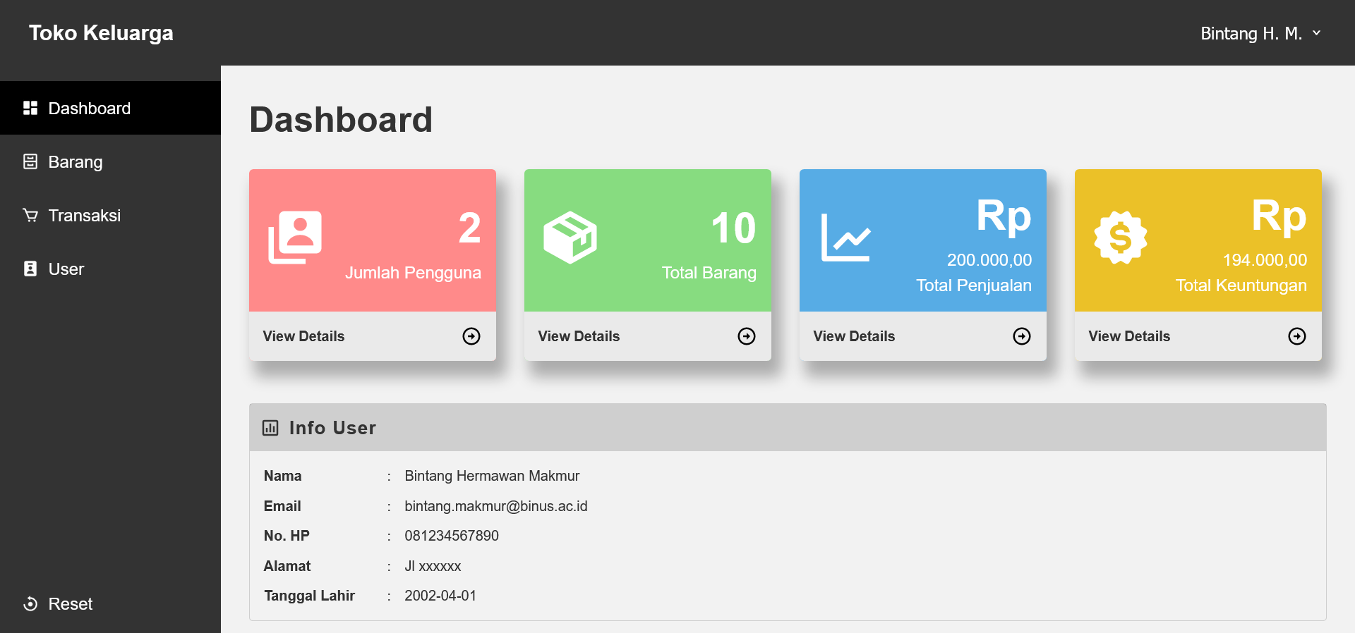 Toko Keluarga admin panel screenshot